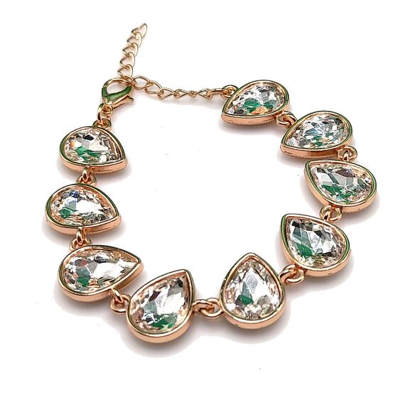 Clear Teardrop Rhinestone Bracelet, Gold Tone, 8 1/2 In - Picture 1 of 8